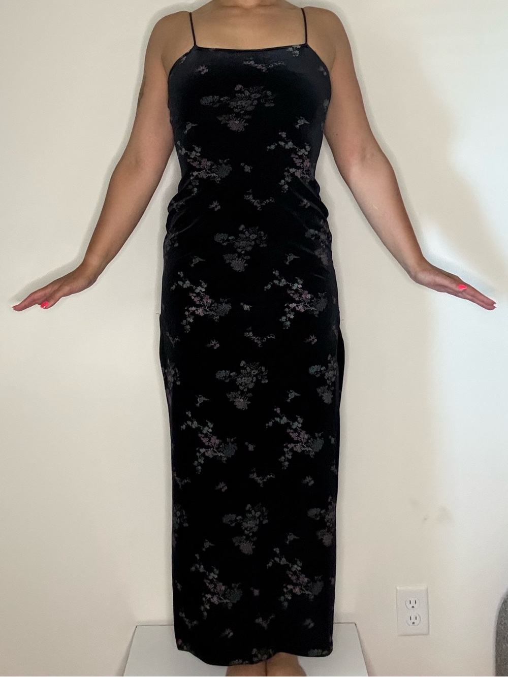 Y2K/90’s Black Floral Velvet Slip Maxi Dress Whimsigoth